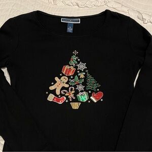 Karen Scott Black Holiday T-shirt with Embroidery, Sequins and Sparkles